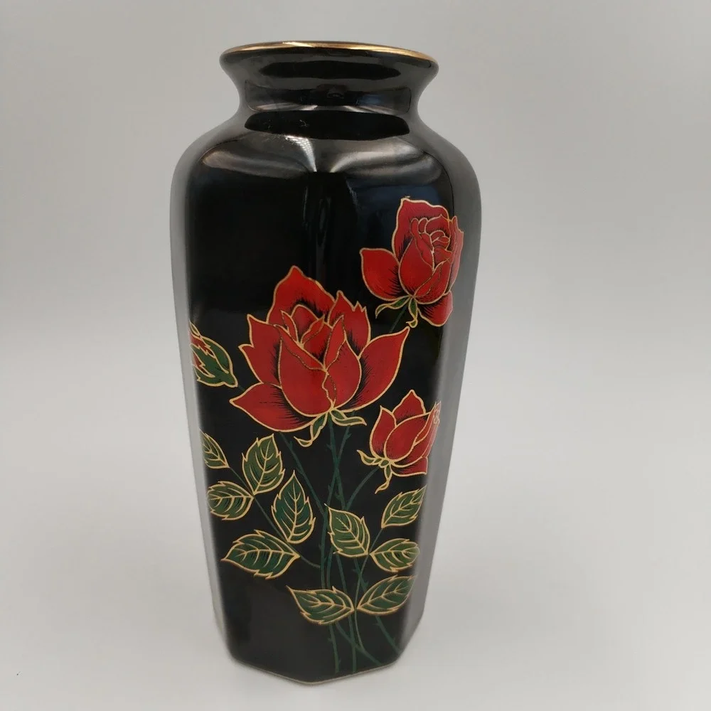 VTG Otagiri Japan Crimson Rose Black Porcelain Vase Octagon Gold‎ Trim 6